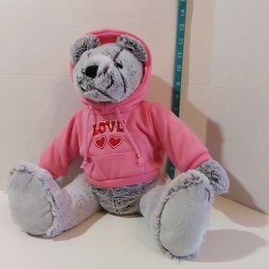 Valentines Bear Plush Hoodie (LOVE) Grey Pink Holiday Gift Stuffed Toy